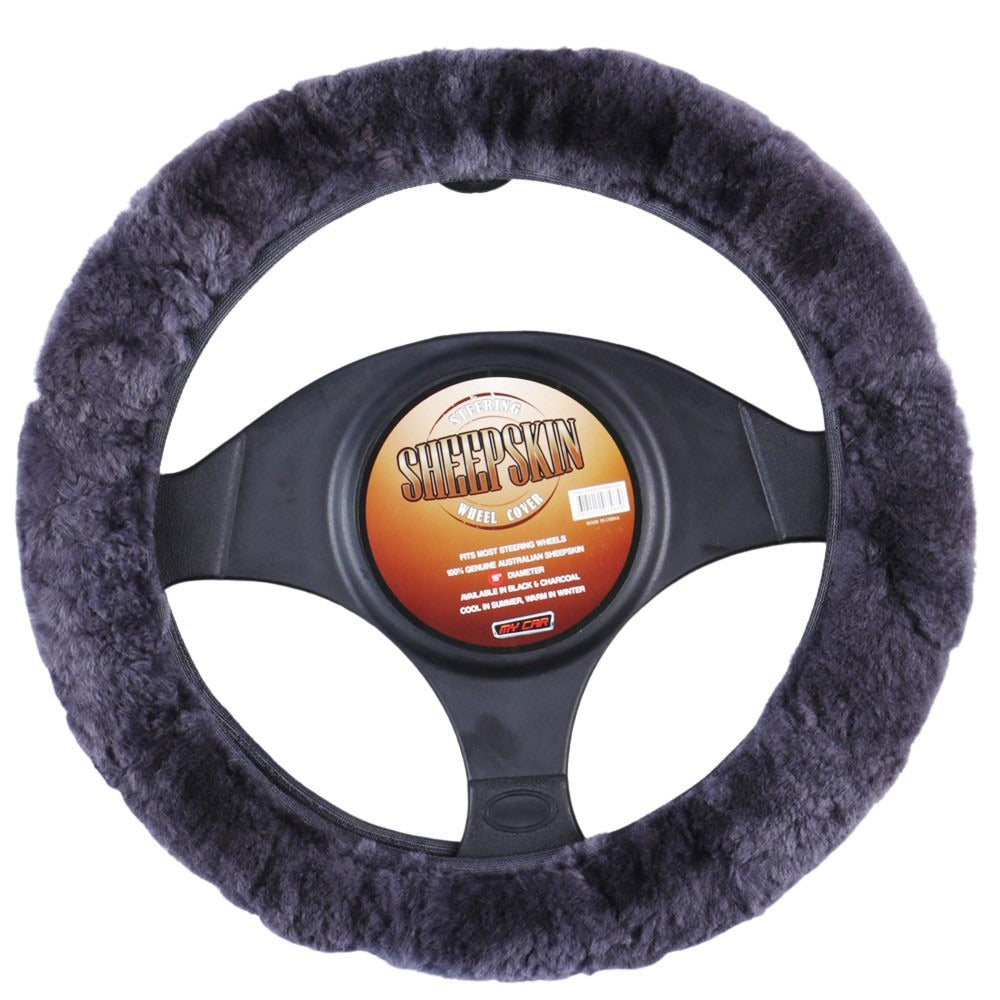 Charcoal Sheepskin Steering Wheel Cover for Comfortable Driving