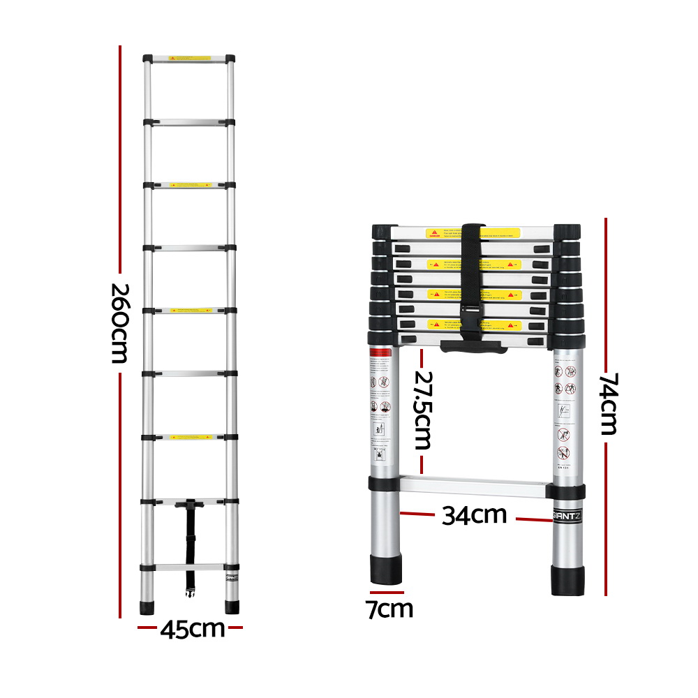 Giantz 2.6M Telescopic Ladder Aluminium Extension Extendable Steps Adjustable Height 2 Giantz 2.6M Telescopic Ladder Aluminium Extension Extendable Steps Adjustable Height - Image 2