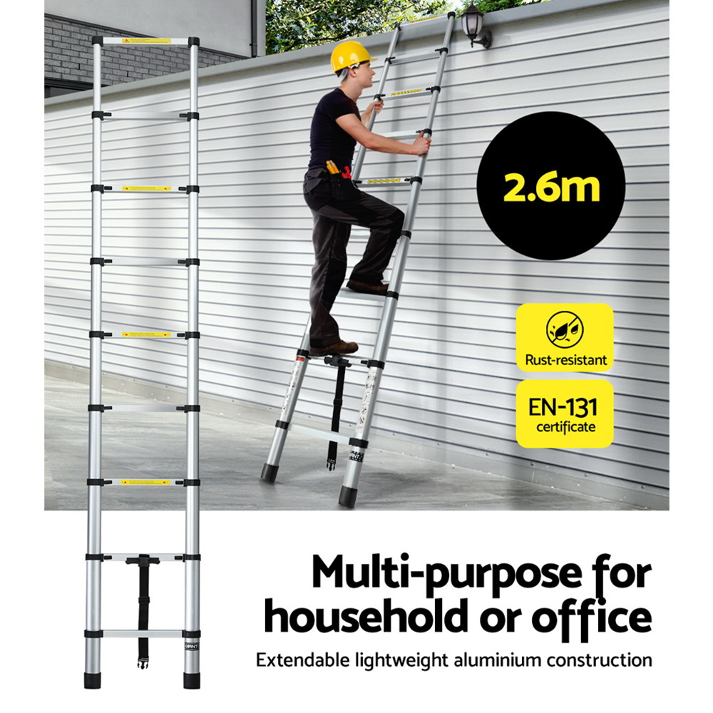 Giantz 2.6M Telescopic Ladder Aluminium Extension Extendable Steps Adjustable Height 5 Giantz 2.6M Telescopic Ladder Aluminium Extension Extendable Steps Adjustable Height - Image 5