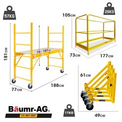 Alternative view of Baumr-AG 1.9 x 0.8 x 1.8m Adjustable Mobile Scaffold Platform, Guard Rail, Outrigger Wheel Set, Trapdoor Hatch
