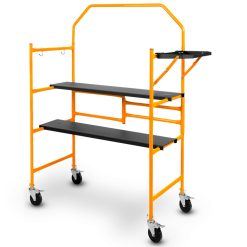 BAUMR-AG Mobile Scaffold Platform, 226kg Load, Steel Frame, Dual Height, Folding for easy Transport and Storage, Locking Castors, Tool Tray