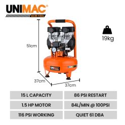 Alternative view of UNIMAC 15L Pancake Air Compressor, 116PSI Portable Silent Oil-Free Electric, for Airtools Tyre Inflation