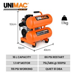 Alternative view of UNIMAC 16L Twin Tank Air Compressor, 116PSI Portable Silent Oil-Free Electric, for Airtools Tyre Inflation