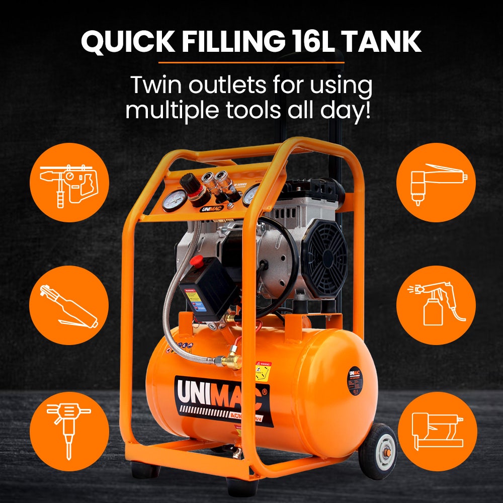 Unimac 16L Oil-Free Air Compressor 116PSI with Wheels 6 Unimac 16L Oil-Free Air Compressor 116PSI with Wheels - Image 6