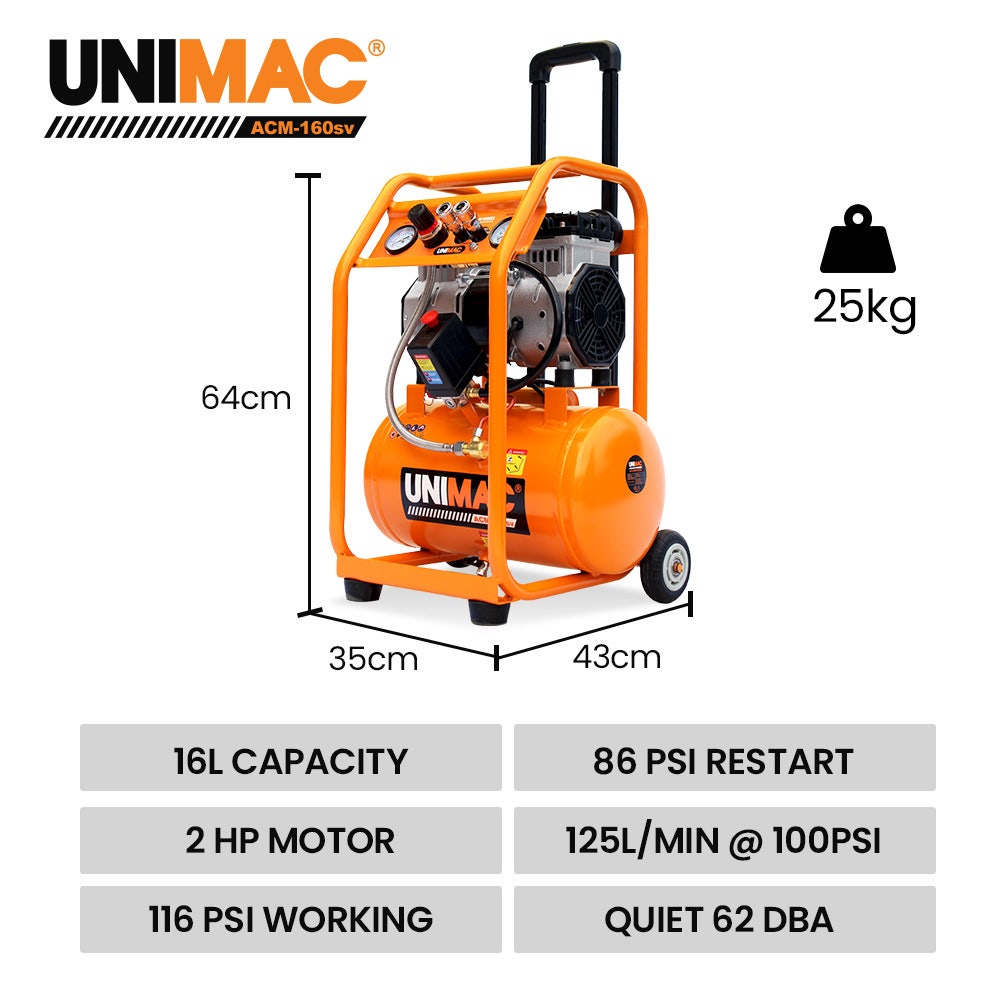 Unimac 16L Oil-Free Air Compressor 116PSI with Wheels 9 Unimac 16L Oil-Free Air Compressor 116PSI with Wheels - Image 9