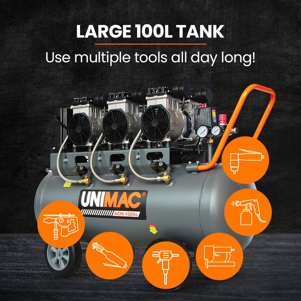 UNIMAC 100L 4.5HP Silent Oil-Free Air Compressor, with Twin Nitto Outlets, 15A Plug 7 UNIMAC 100L 4.5HP Silent Oil-Free Air Compressor, with Twin Nitto Outlets, 15A Plug - Image 7