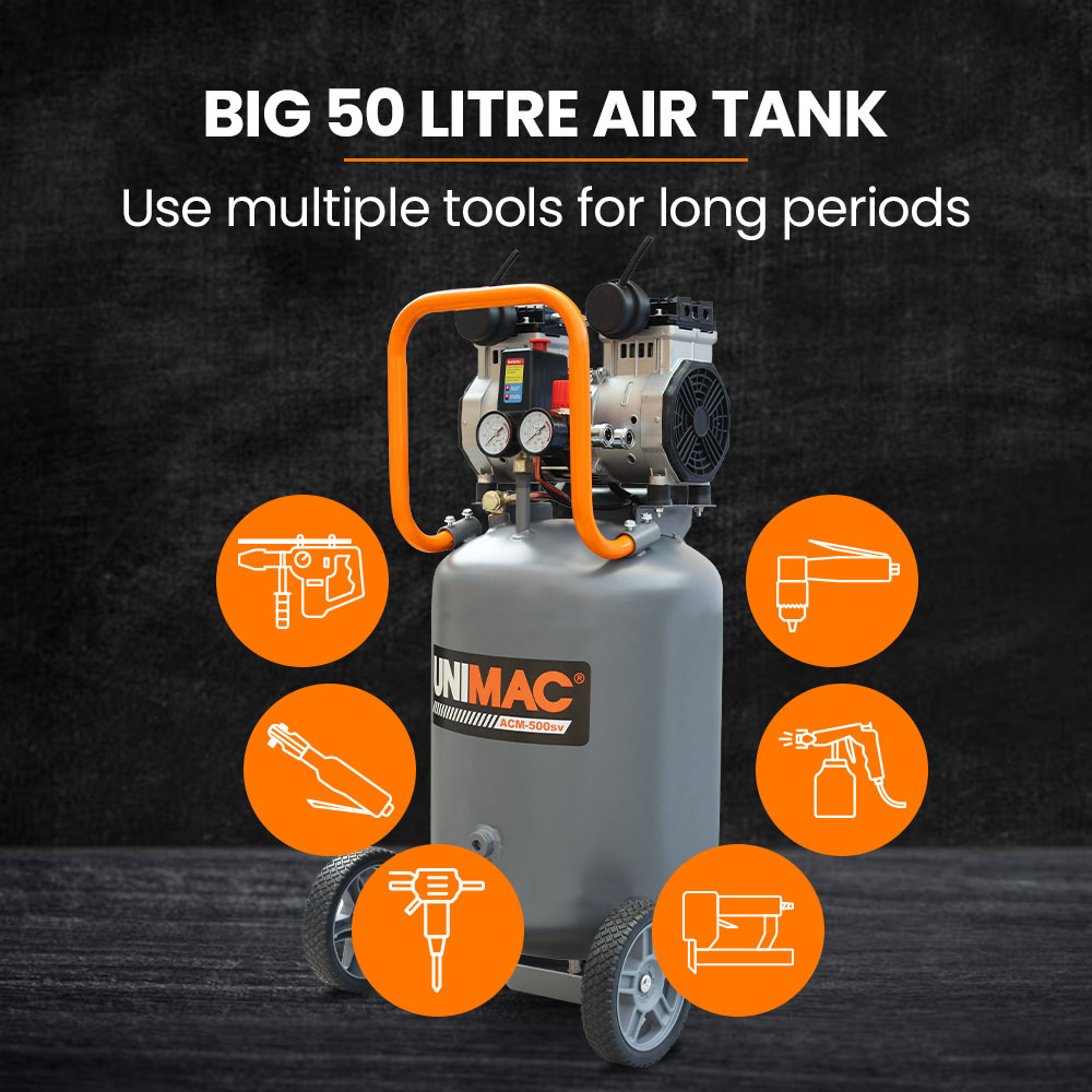 Unimac 2HP 50L Silent Oil-Free Portable Electric Air Compressor, Vertical, for Airtools, Tyre Inflation 6 Unimac 2HP 50L Silent Oil-Free Portable Electric Air Compressor, Vertical, for Airtools, Tyre Inflation - Image 6
