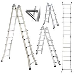 Bullet 5.1m Folding Aluminium Multipurpose Ladder, w/ Workshelf Platform, Spring Assisted Rapid Safety Lock Adjusters