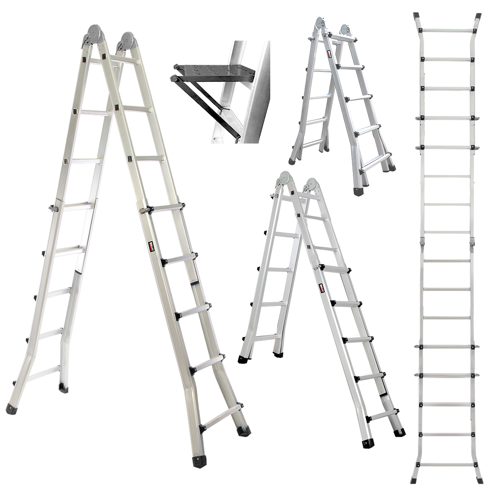 Bullet 5.1m Folding Aluminium Multipurpose Ladder, w/ Workshelf Platform, Spring Assisted Rapid Safety Lock Adjusters 1 Bullet 5.1m Folding Aluminium Multipurpose Ladder, w/ Workshelf Platform, Spring Assisted Rapid Safety Lock Adjusters