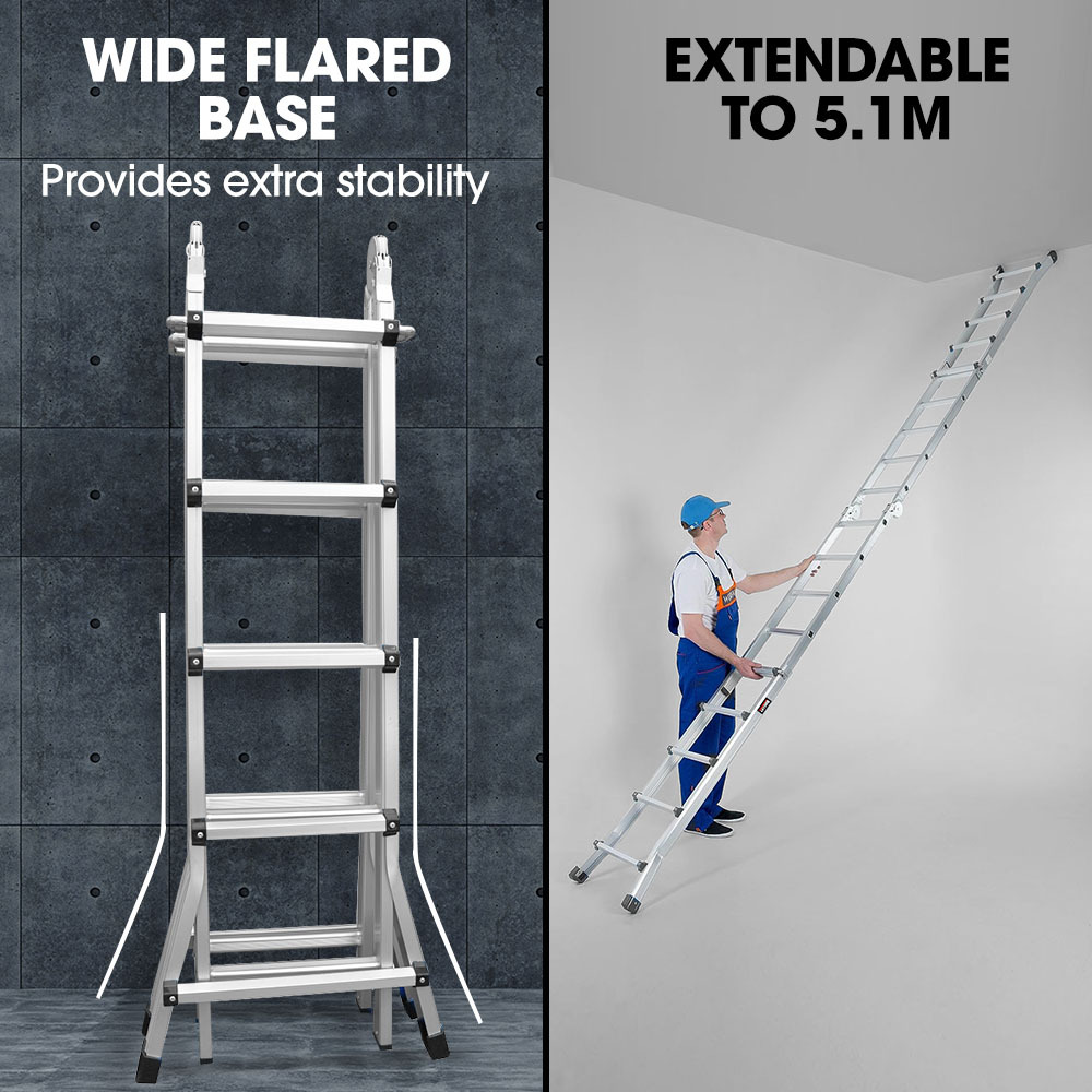 Bullet 5.1m Folding Aluminium Multipurpose Ladder, w/ Workshelf Platform, Spring Assisted Rapid Safety Lock Adjusters 6 Bullet 5.1m Folding Aluminium Multipurpose Ladder, w/ Workshelf Platform, Spring Assisted Rapid Safety Lock Adjusters - Image 6