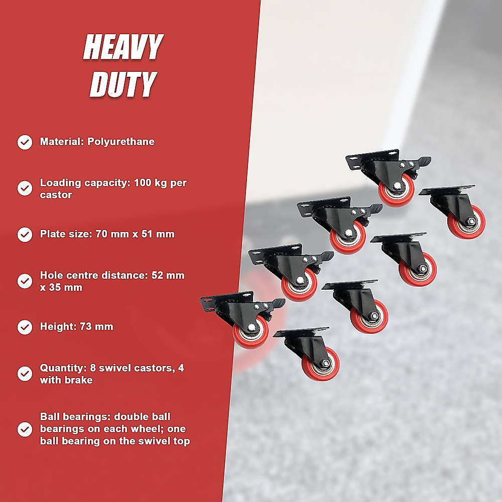 8 x 2" Polyurethane Castor Wheels - Swivel and 4 with brake 11 8 x 2" Polyurethane Castor Wheels - Swivel and 4 with brake - Image 11