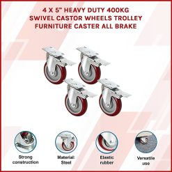 4 X 5" Heavy Duty 400kg Swivel Castor Wheels Trolley Furniture Caster All Brake 14 V63 824111 15970 02