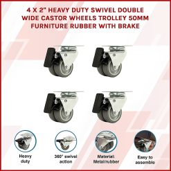 Heavy Duty Swivel Castor Wheels 50mm Rubber With Brake Pack of 4 15 V63 838711 49485 02