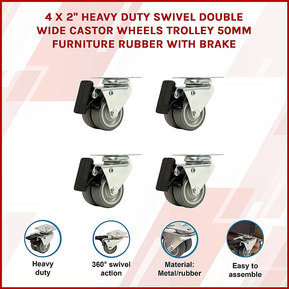 Heavy Duty Swivel Castor Wheels 50mm Rubber With Brake Pack of 4 3 Heavy Duty Swivel Castor Wheels 50mm Rubber With Brake Pack of 4 - Image 3