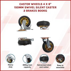 Castor Wheels 4 x 6" 150mm Swivel Silent Caster 2 Brakes 800KG 18 V63 841911 202503111615 01