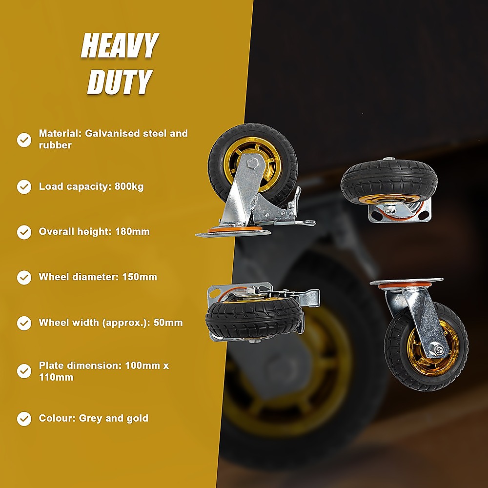Castor Wheels 4 x 6" 150mm Swivel Silent Caster 2 Brakes 800KG 14 Castor Wheels 4 x 6" 150mm Swivel Silent Caster 2 Brakes 800KG - Image 14