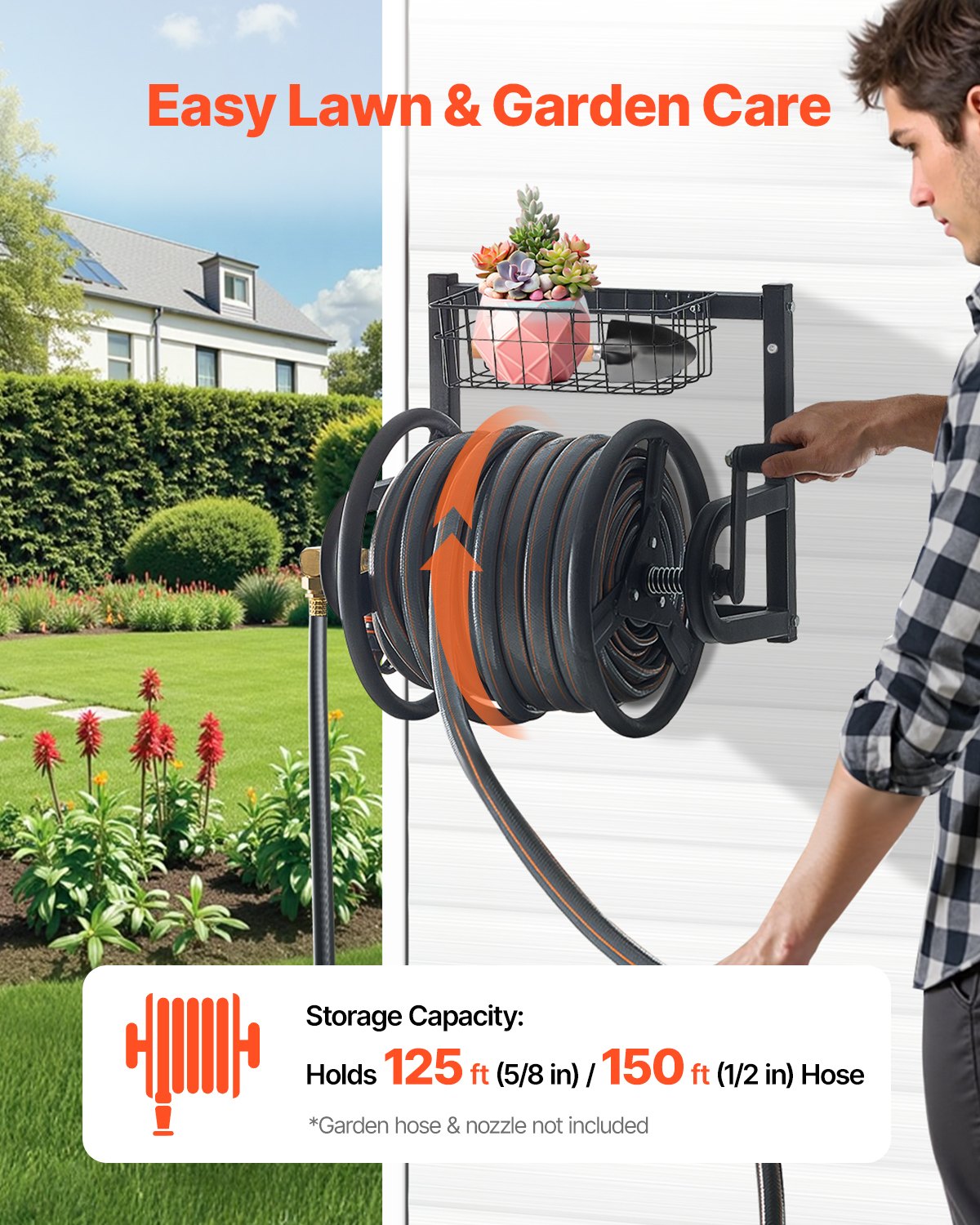 VEVOR Wall Mounted Garden Hose Reel 125ft 5/8 in Metal Hose Reel with Basket 2 VEVOR Wall Mounted Garden Hose Reel 125ft 5/8 in Metal Hose Reel with Basket - Image 2