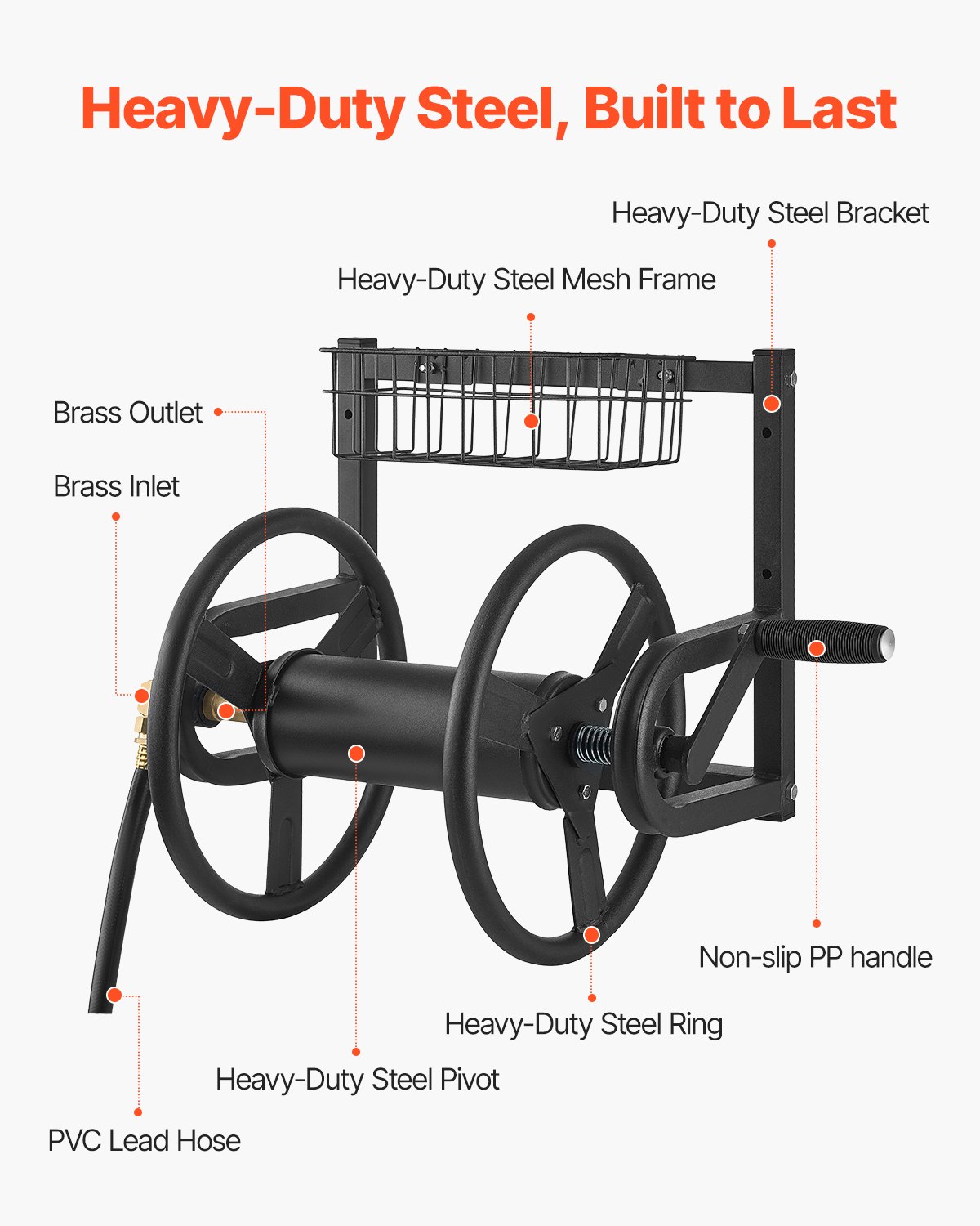 VEVOR Wall Mounted Garden Hose Reel 125ft 5/8 in Metal Hose Reel with Basket 3 VEVOR Wall Mounted Garden Hose Reel 125ft 5/8 in Metal Hose Reel with Basket - Image 3