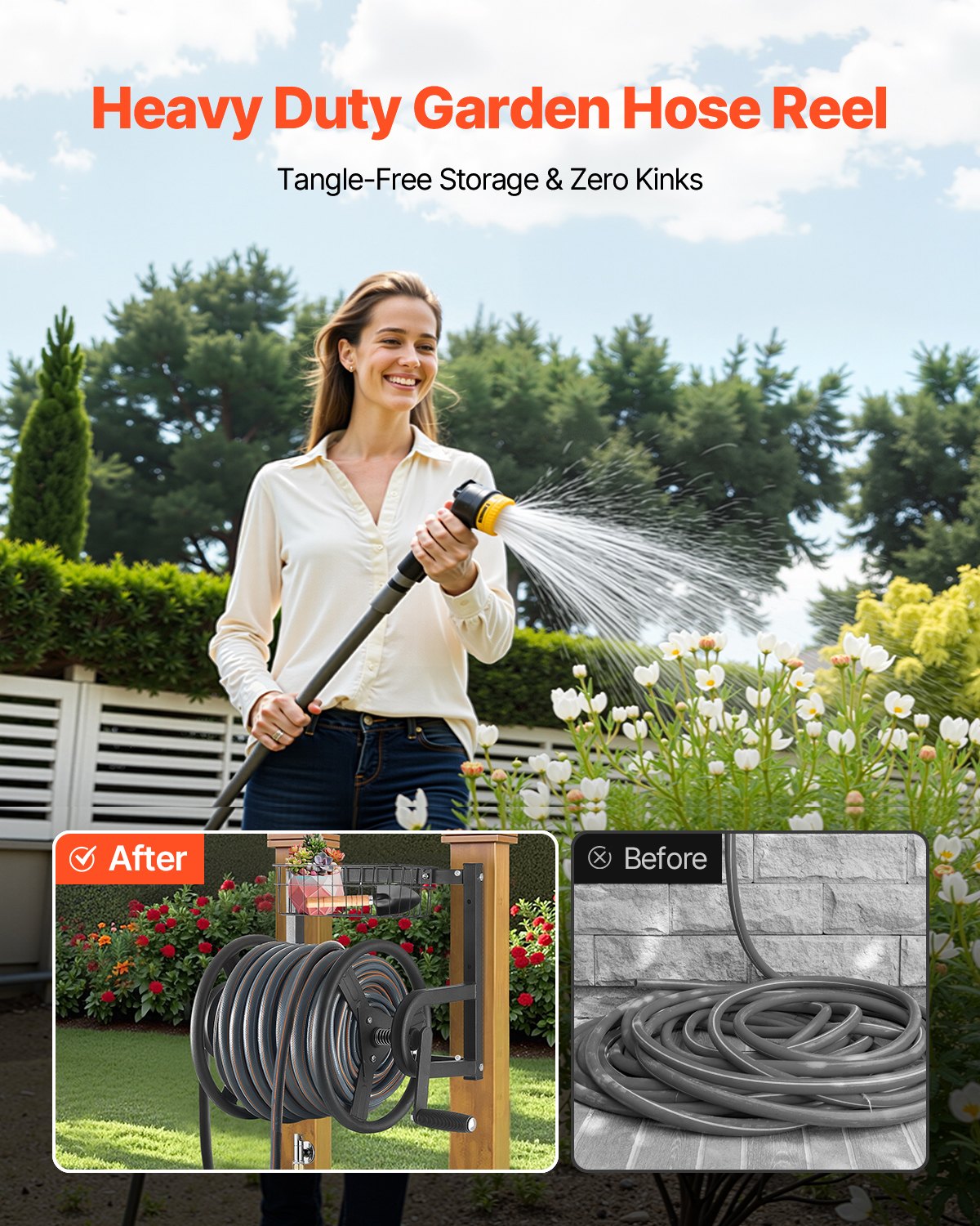 VEVOR Wall Mounted Garden Hose Reel 125ft 5/8 in Metal Hose Reel with Basket 5 VEVOR Wall Mounted Garden Hose Reel 125ft 5/8 in Metal Hose Reel with Basket - Image 5