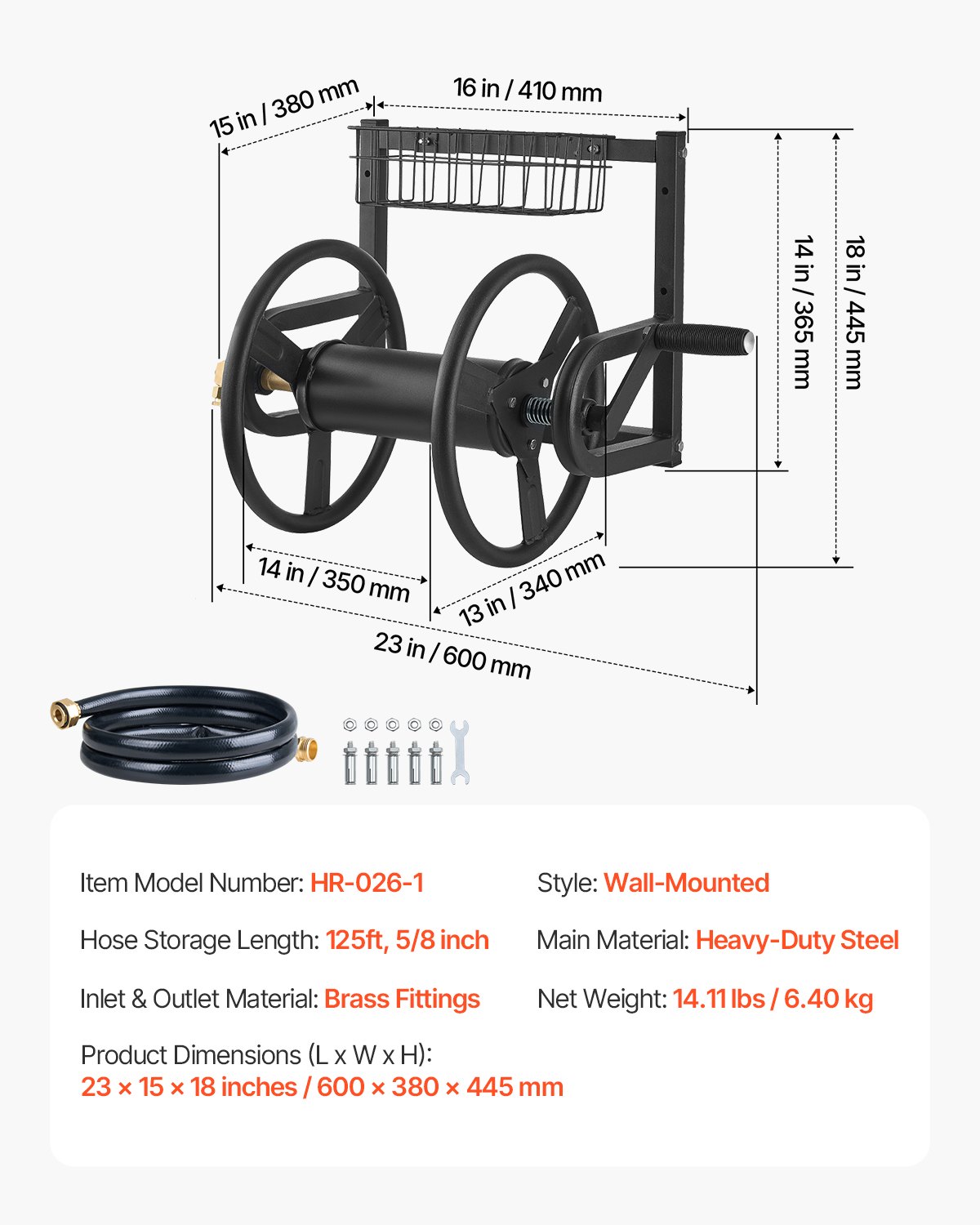 VEVOR Wall Mounted Garden Hose Reel 125ft 5/8 in Metal Hose Reel with Basket 7 VEVOR Wall Mounted Garden Hose Reel 125ft 5/8 in Metal Hose Reel with Basket - Image 7