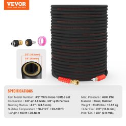 VEVOR Pressure Washer Hose, 100FT, Kink Free 3/8"-φ14.8 Male, 3/8"-φ15 Female For Most Brand Pressure Washers, 4.9'' Bending Radius, 4800 PSI Heavy Duty Power Washer Extension Replacement Hose 17 V952 GYQXRG100FT3TSQ9MV0 202508011717 06