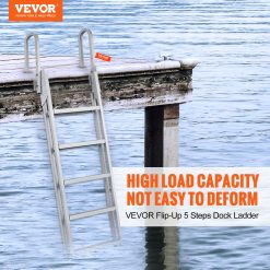 Alternative view of VEVOR Dock Ladder Flip Up 5 Steps, 350lbs Load Capacity, Aluminum Pontoon Boat Ladder with 4" Wide Step & Nonslip Rubber Mat,Swimm Step Ladder for Ship/Lake/Pool/Marine Boarding