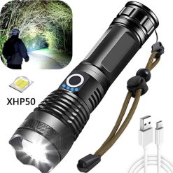 LED Flashlight, 5000 Lumens USB Rechargeable Tactical Torch, 5 Modes, Zoomable, Waterproof, 18650 Battery Included