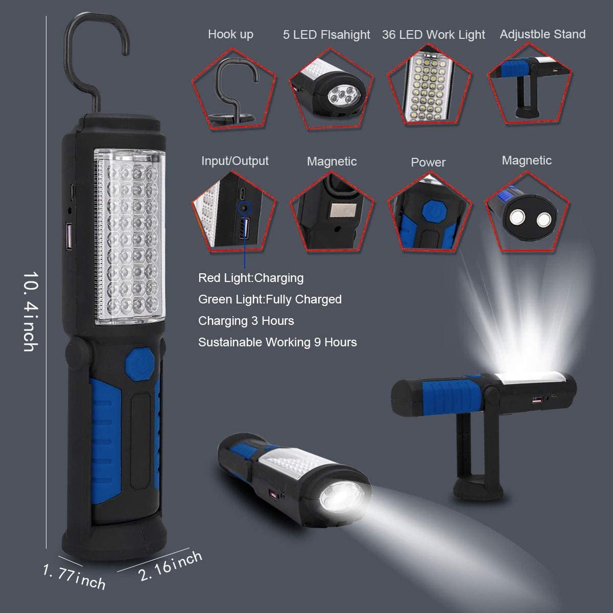 Rechargeable LED Work Light with Magnetic Base and Hanging Hook 2 Rechargeable LED Work Light with Magnetic Base and Hanging Hook - Image 2