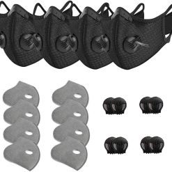 4 Pack Unisex Adjustable Reusable Washable Dust Protect Mouth Cover with 8Carbon Filters and 8 Breathing Valves for Bicycle Running Riding Cycling Outdoor Sport Black