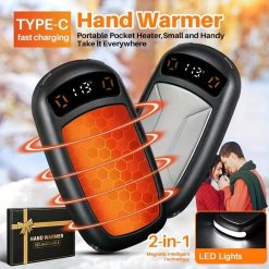 Alternative view of 2PCS of rechargeable hand warmers with COB lights, featuring rapid heating, 3 adjustable modes, and a portable magnetic electric design.