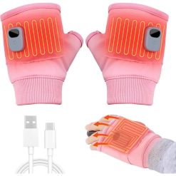 Pink USB electric fingerless gloves with LED temperature display