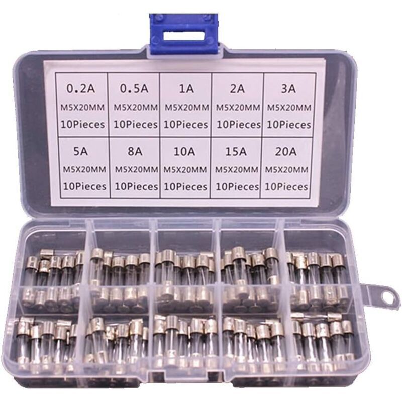 100 Pack Glass Fuse Assortment in Box, 5 x 20mm 0.2A to 20A 1 100 Pack Glass Fuse Assortment in Box, 5 x 20mm 0.2A to 20A