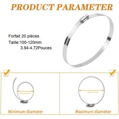 Alternative view of 20 Pieces Pipe Clamp, Adjustable Pipe Clamp 100, 304 Stainless Steel Hose Clamp, Metal Hose Clamp, for Pipe, Home Gas, Family Water Pipe, Cable, 120mm