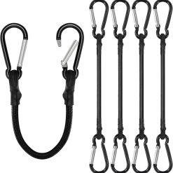 4 Pack Bungee Cords with Carabiner Outdoor Climbing Bounce Rope Elastic Tie Down Straps with Hooks Mini Short Bungee Straps Dual-Hook Design for Tents Cargo Kayak Boat Luggage (Black-12)