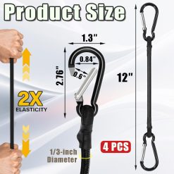 Alternative view of 4 Pack Bungee Cords with Carabiner Outdoor Climbing Bounce Rope Elastic Tie Down Straps with Hooks Mini Short Bungee Straps Dual-Hook Design for Tents Cargo Kayak Boat Luggage (Black-12)