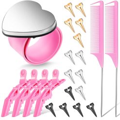 22 Pces Hair Braiding Tools with Magnetic Wrist Sewing Pincushion Pin Wristband Stainless Stitch Braid Finger Ring Tool Pintail Rat Tail Comb Sectioning Alligator Clips Salon Home(Pink)