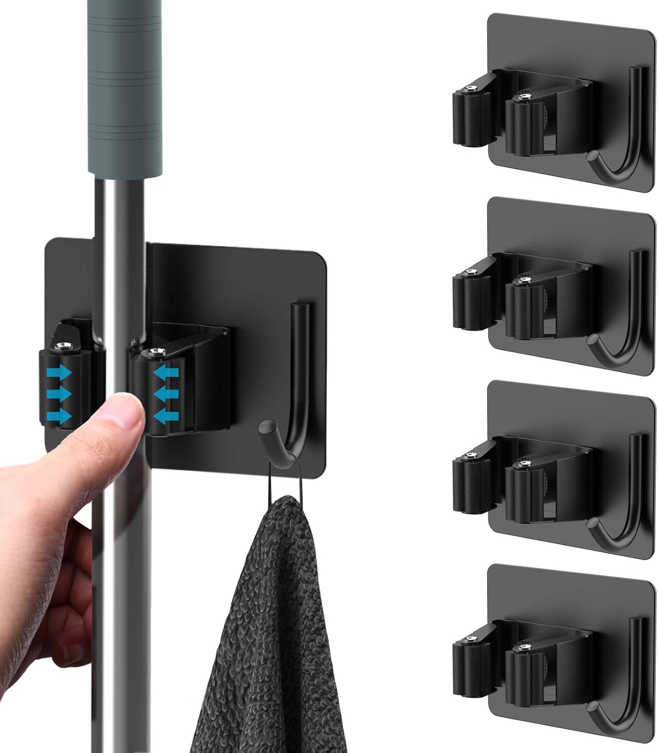 Mop Broom Holder No Drill, Mop Broom Organizer Wall Mounted Heavy Duty with Hooks Hanger, Self Adhesive Stainless Steel 4Pcs for Bathroom, Kitchen, Office (Black) 1 Mop Broom Holder No Drill, Mop Broom Organizer Wall Mounted Heavy Duty with Hooks Hanger, Self Adhesive Stainless Steel 4Pcs for Bathroom, Kitchen, Office (Black)