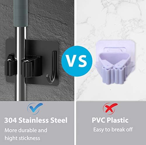Mop Broom Holder No Drill, Mop Broom Organizer Wall Mounted Heavy Duty with Hooks Hanger, Self Adhesive Stainless Steel 4Pcs for Bathroom, Kitchen, Office (Black) 2 Mop Broom Holder No Drill, Mop Broom Organizer Wall Mounted Heavy Duty with Hooks Hanger, Self Adhesive Stainless Steel 4Pcs for Bathroom, Kitchen, Office (Black) - Image 2