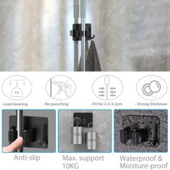 Mop Broom Holder No Drill, Mop Broom Organizer Wall Mounted Heavy Duty with Hooks Hanger, Self Adhesive Stainless Steel 4Pcs for Bathroom, Kitchen, Office (Black) 10 V1258 DP02 C 1403 202604022000 02