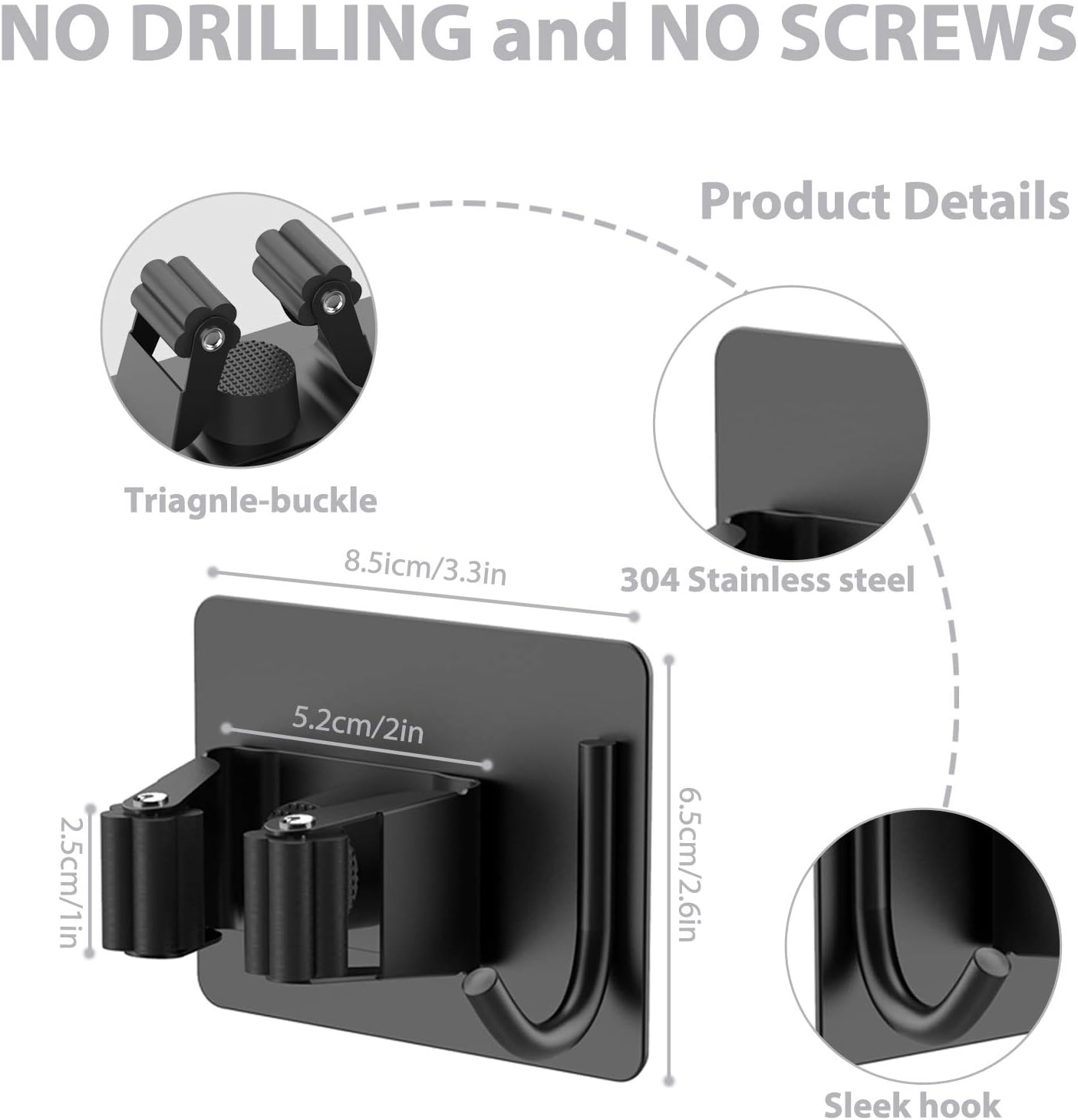 Mop Broom Holder No Drill, Mop Broom Organizer Wall Mounted Heavy Duty with Hooks Hanger, Self Adhesive Stainless Steel 4Pcs for Bathroom, Kitchen, Office (Black) 4 Mop Broom Holder No Drill, Mop Broom Organizer Wall Mounted Heavy Duty with Hooks Hanger, Self Adhesive Stainless Steel 4Pcs for Bathroom, Kitchen, Office (Black) - Image 4