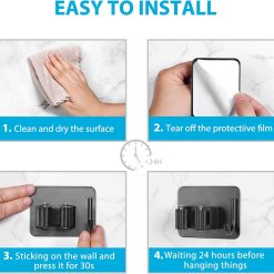 Mop Broom Holder No Drill, Mop Broom Organizer Wall Mounted Heavy Duty with Hooks Hanger, Self Adhesive Stainless Steel 4Pcs for Bathroom, Kitchen, Office (Black) 13 V1258 DP02 C 1403 202604022000 05