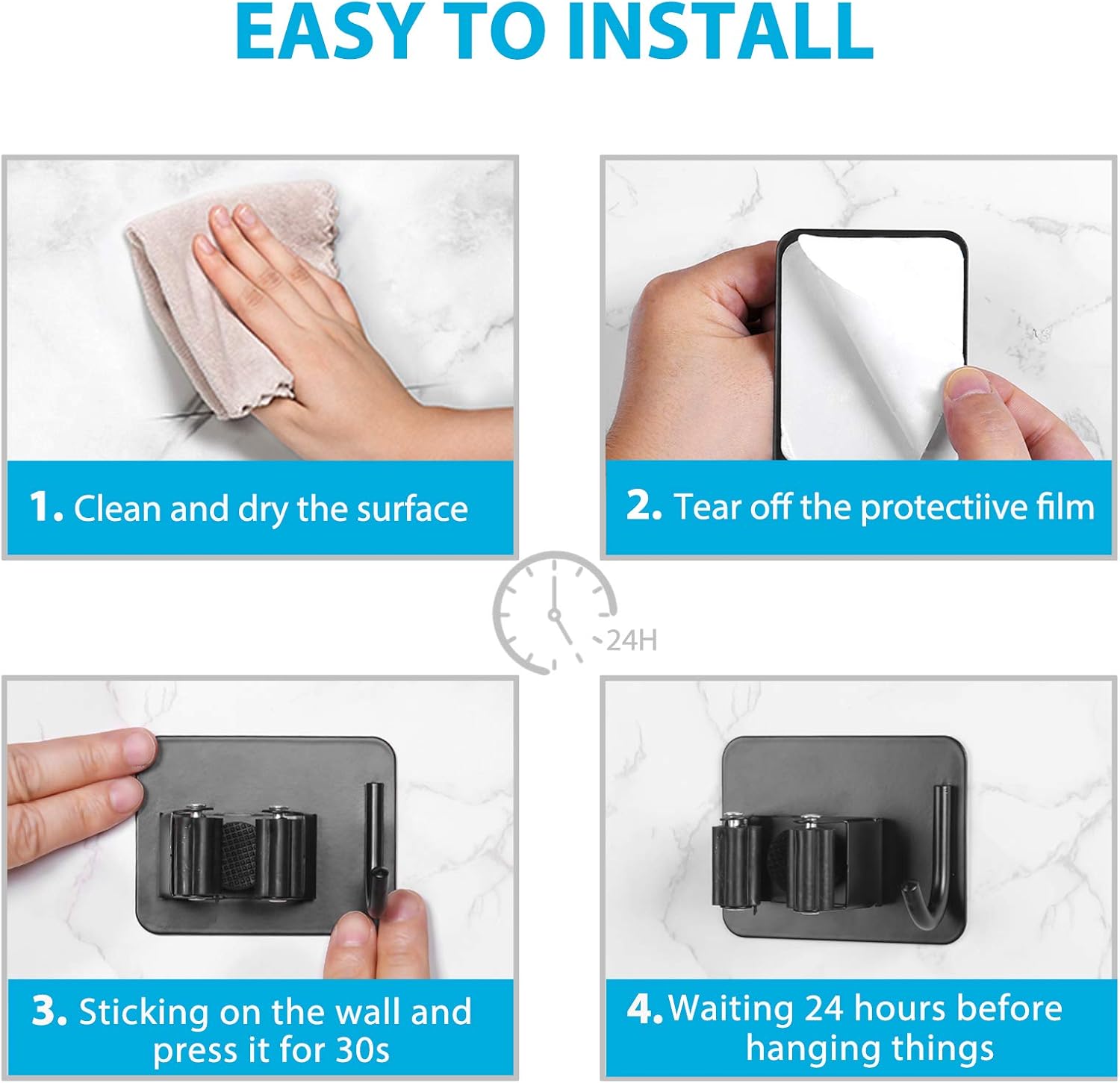 Mop Broom Holder No Drill, Mop Broom Organizer Wall Mounted Heavy Duty with Hooks Hanger, Self Adhesive Stainless Steel 4Pcs for Bathroom, Kitchen, Office (Black) 6 Mop Broom Holder No Drill, Mop Broom Organizer Wall Mounted Heavy Duty with Hooks Hanger, Self Adhesive Stainless Steel 4Pcs for Bathroom, Kitchen, Office (Black) - Image 6