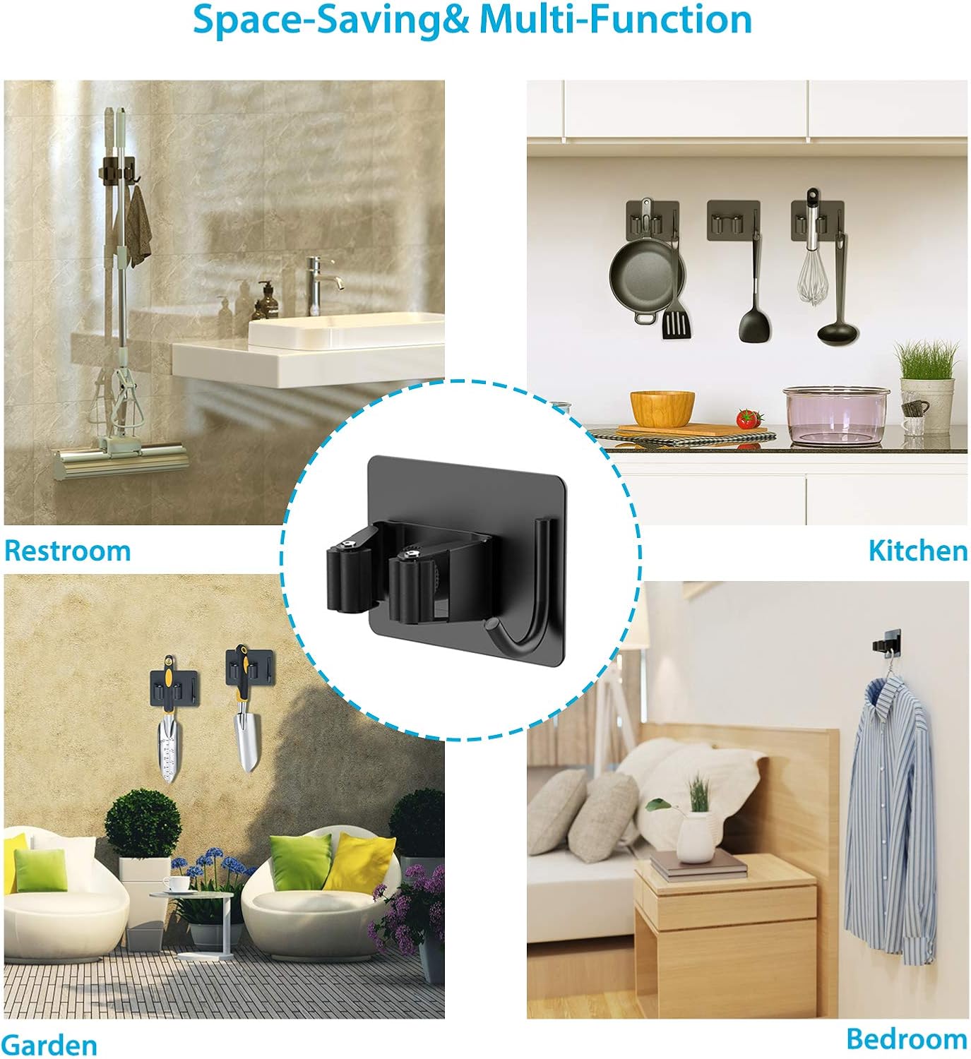 Mop Broom Holder No Drill, Mop Broom Organizer Wall Mounted Heavy Duty with Hooks Hanger, Self Adhesive Stainless Steel 4Pcs for Bathroom, Kitchen, Office (Black) 8 Mop Broom Holder No Drill, Mop Broom Organizer Wall Mounted Heavy Duty with Hooks Hanger, Self Adhesive Stainless Steel 4Pcs for Bathroom, Kitchen, Office (Black) - Image 8