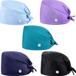 5 Pack Surgical Bouffant Caps with Sweatband and Button Adjustment