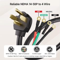 Alternative view of 4 Prong Dryer Cord 10ft 30A 250V NEMA 14-30P