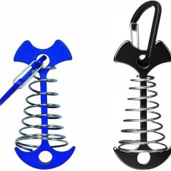 Fishbone SpringTent Peg Portable Windproof Anchors,Aluminum Tent Stakes with Carabiner for Camping Deck, Spring-Loaded Gutter Hook for Tarp,Adjustable Gap Stake for Outdoor Canopy (Blue and Black)
