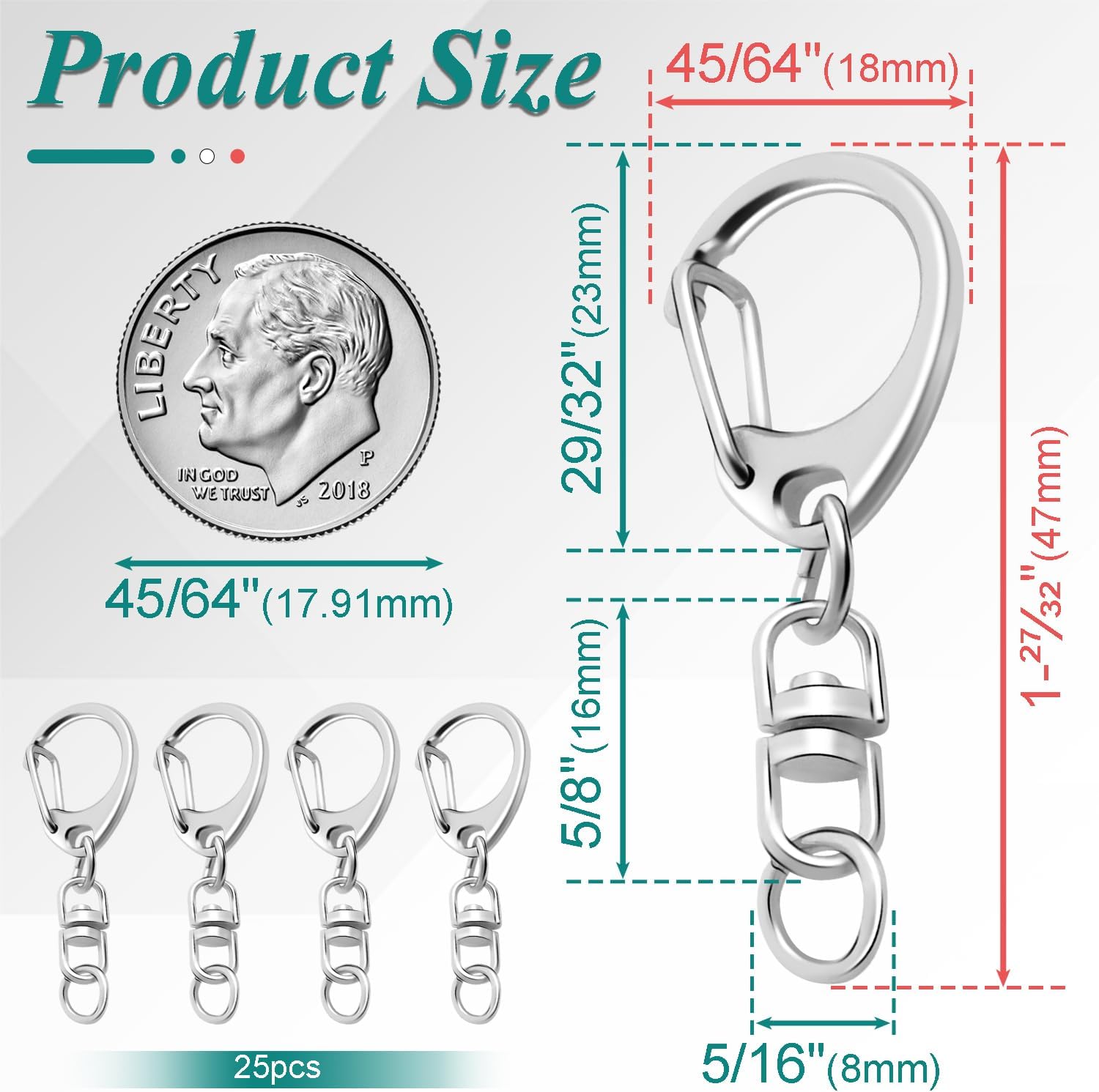 25 Pack Lobster Claw Clasps Keychain Kit, Silver Keychain Clip with Swivel Snap Hooks, Bulk Key Chain Clasps for Crafts DIY Making 2 25 Pack Lobster Claw Clasps Keychain Kit, Silver Keychain Clip with Swivel Snap Hooks, Bulk Key Chain Clasps for Crafts DIY Making - Image 2