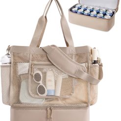 Beach Bag for Women, Mesh Tote Bags with Zipper, Sandproof Vacation Essentials with Cooler for Swim Cruise Pool