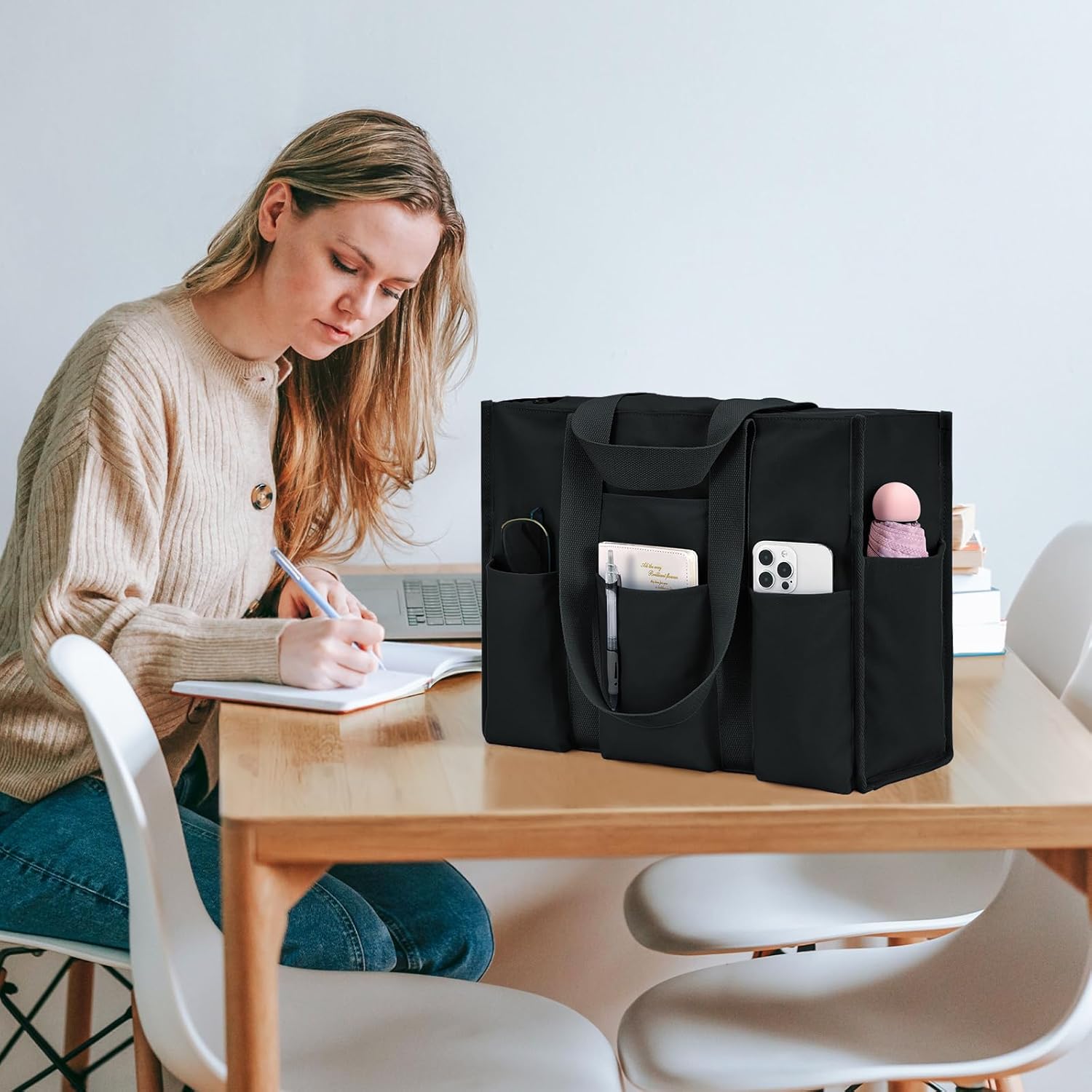 Large Tote Bag for Women Waterproof with 12 Pockets Top Zipper Closure Utility Teacher Nurse Bags for Work School 2 Large Tote Bag for Women Waterproof with 12 Pockets Top Zipper Closure Utility Teacher Nurse Bags for Work School - Image 2