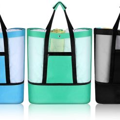 3 Pcs Beach Bag with Cooler Mesh Beach Tote with Insulated Cooler and Pocket Waterproof Sandproof Beach Tote Bag Swim Pool Bag for Women Summer (Black, Blue and Green)